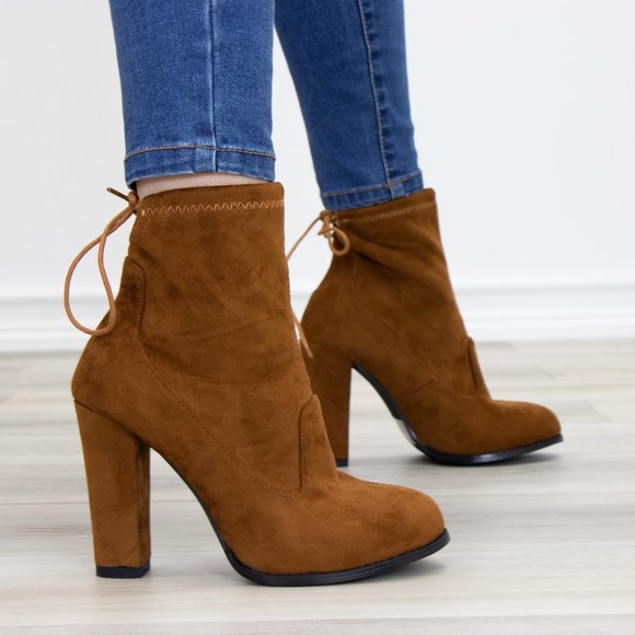 Shoes - Round Toe Tan Suede Ankle Heeled Boots